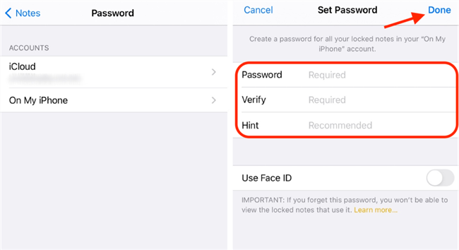 Set up Notes Password in Settings