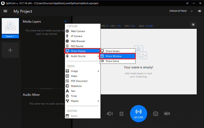 Share Display and Then Share Window in SplitCam