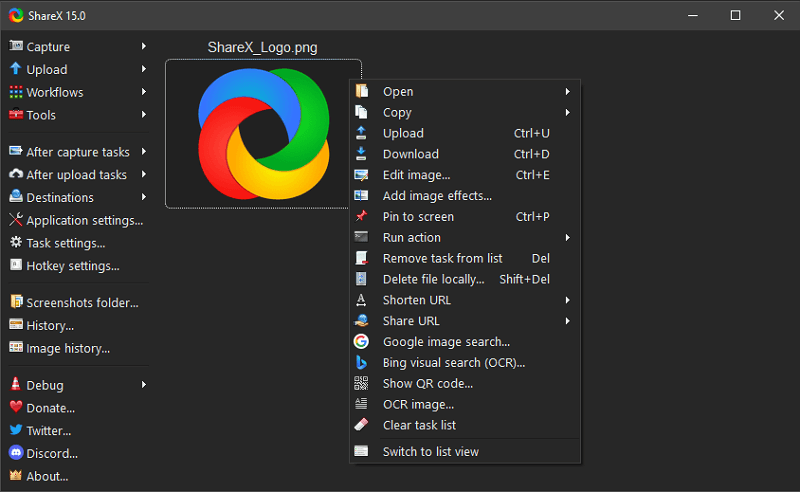 ShareX operating interface