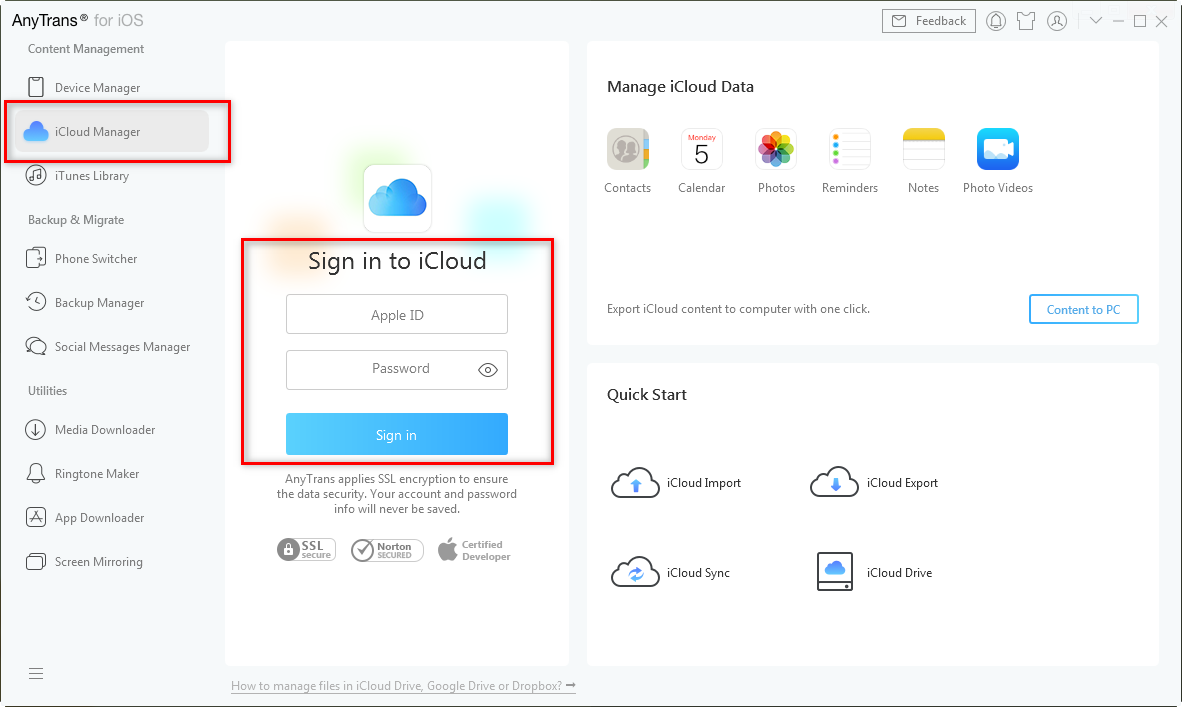 Sign in iCloud Account in AnyTrans – Step 1