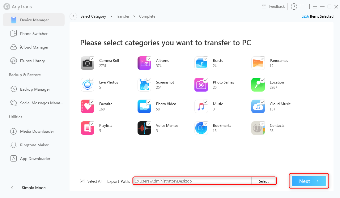 Start a Transfer in AnyTrans for iOS - Step 2