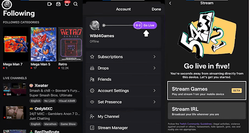 Starting Streaming from the Twitch App