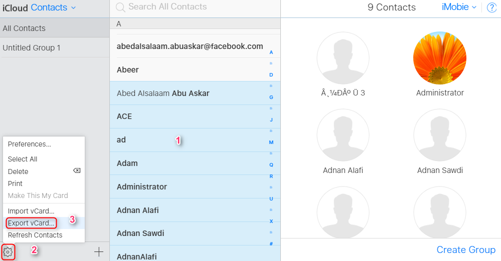 Export iCloud Contacts to Google via iCloud.com - Step 2