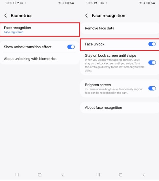 Tap Face Recognition and Enable Face Lock