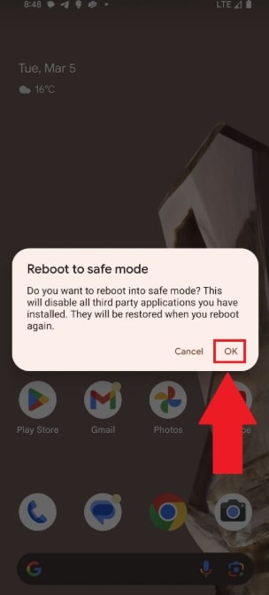 Tap OK to Reboot in Safe Mode