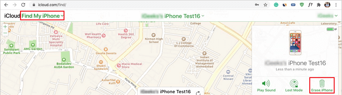 Tap on Erase iPhone in iCloud