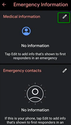 Tapping the edit icon on the Emergency Information page of a locked Motorola phone.