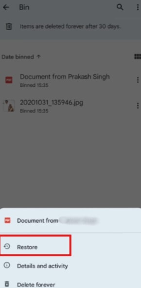 Click Restore Option