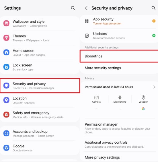 Tap Security and Privacy to Select Biometrics