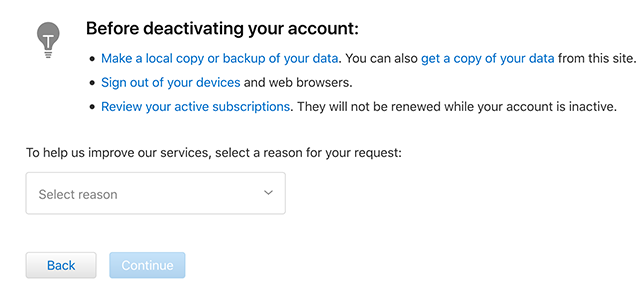 Choose the Reason of Deactivating Apple ID Account