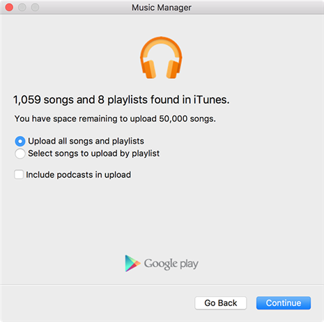 Upload all the iTunes music tracks to Google Play Music