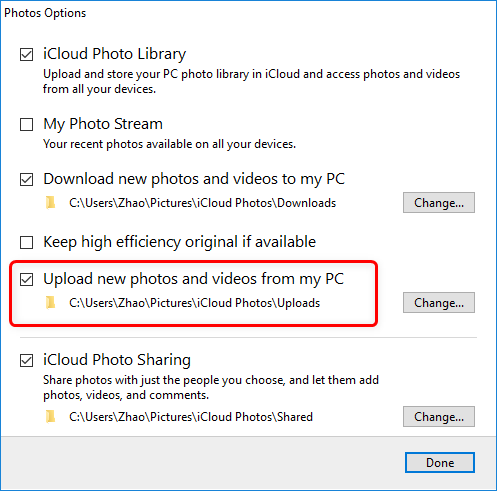 Check the Option "Upload new photos and videos from my PC"