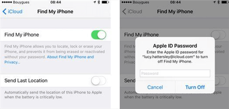 Turn off Find My iPhone in Settings
