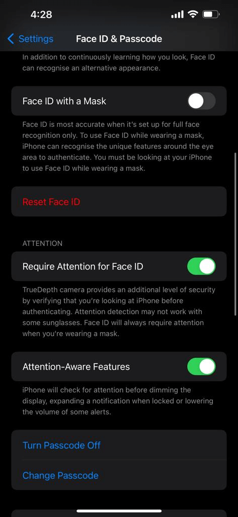 Turn off Passcode and Face ID