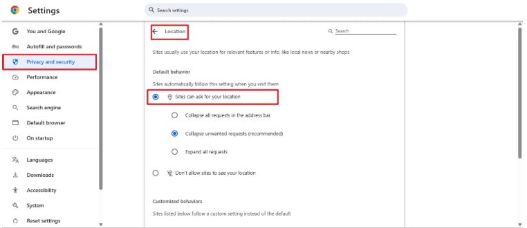 Turn on Sites Can Ask for Your Location