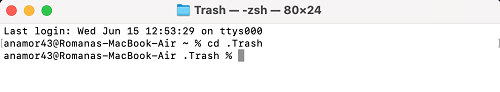 type the relevant command in the terminal window to view trash files 