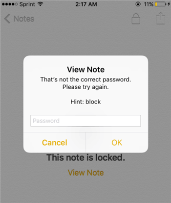 Unlock Notes via the Password Hint
