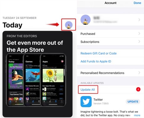 Click Profile icon from App Store to Update Apps