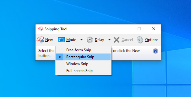 Selecting the Mode in the Snipping Tool