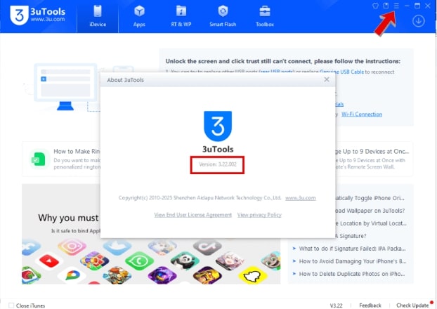 Version of 3utools from the Menu