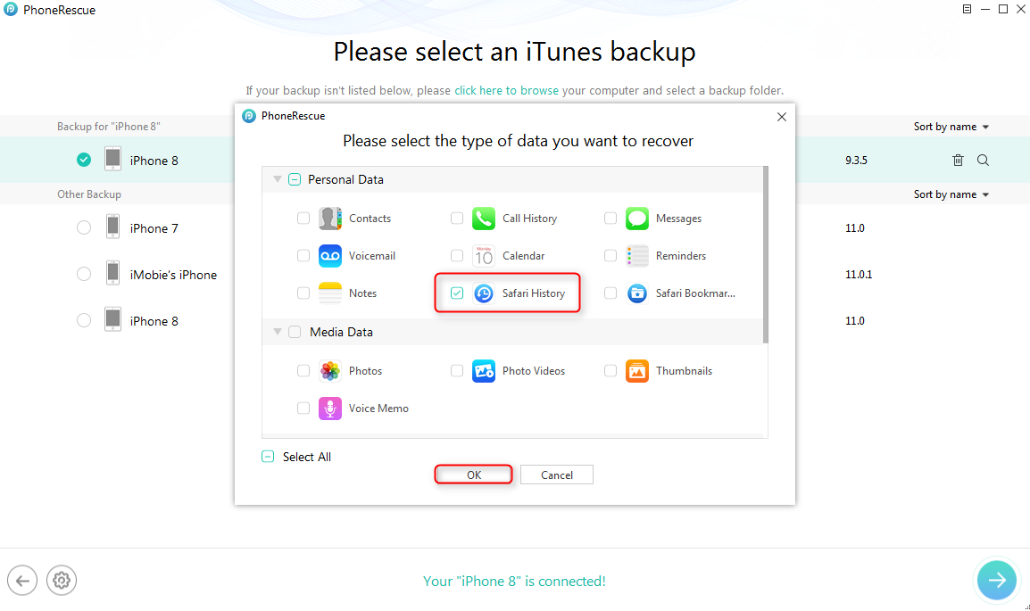 How to Recover Deleted History on iPhone 8 (Plus)/X from iTunes Backup - Step 3