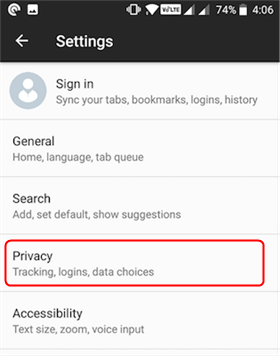 الوصول إلى خيارات الخصوصية في Firefox