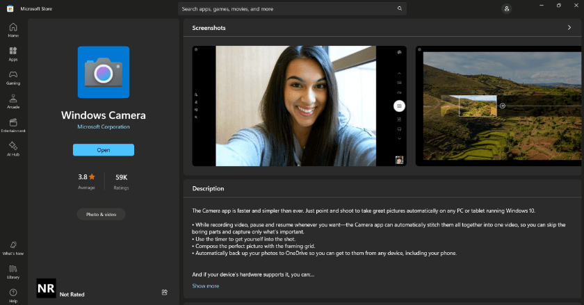Windows Camera Website Interface