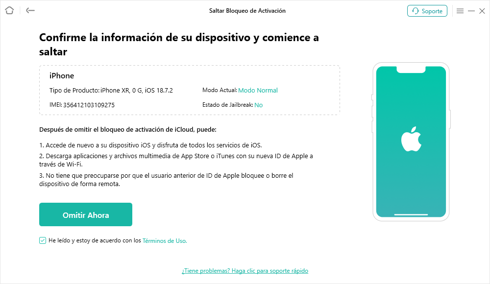 Conecta el dispositivo y haz clic en el botón Iniciar ahora
