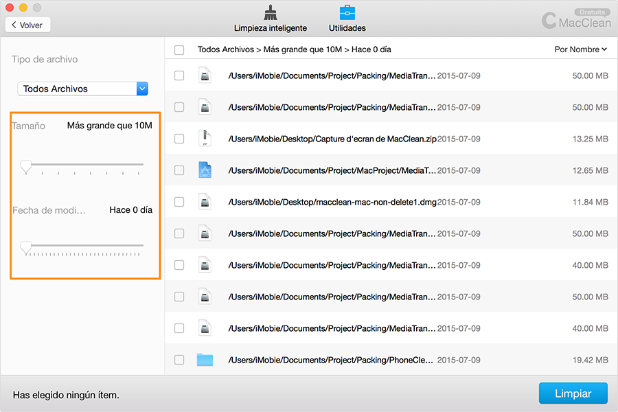 Tamaño del archivo y la selección de fecha
