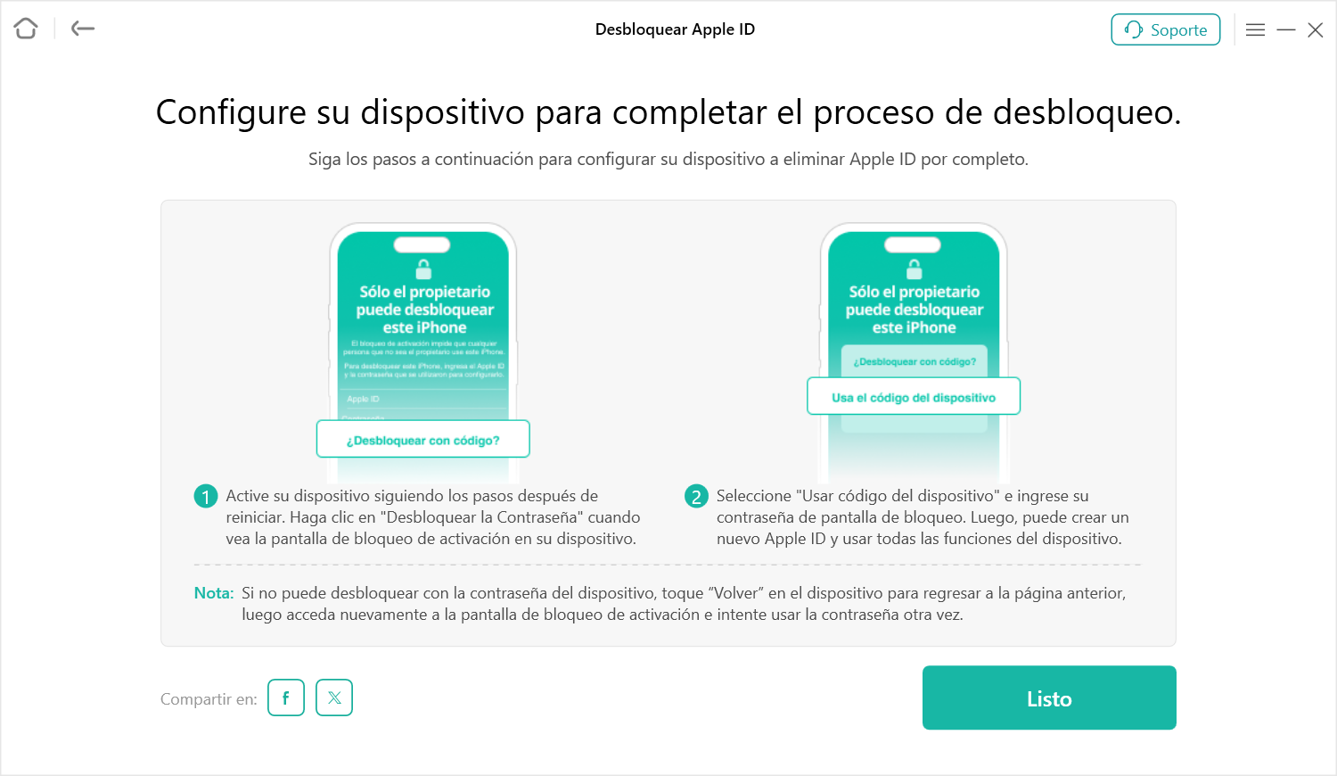 Configurar su dispositivo para completar el proceso de desbloqueo