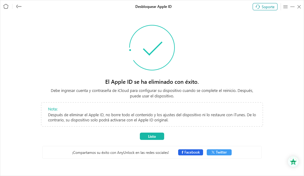 Apple ID desbloqueado correctamente