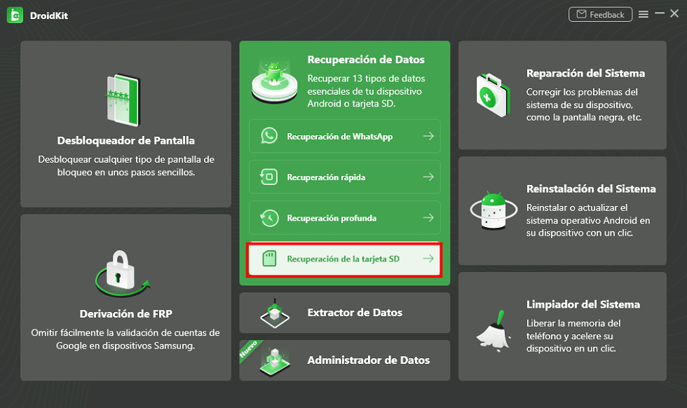 Seleccionar Recuperación de la tarjeta SD para recuperar datos borradas tarjeta SD