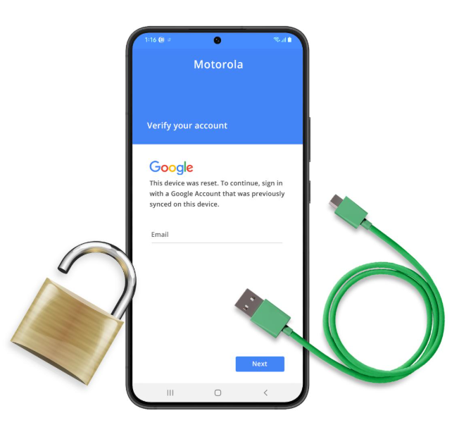 Pantalla Verify your account después de restablecer un Motorola con FRP activado