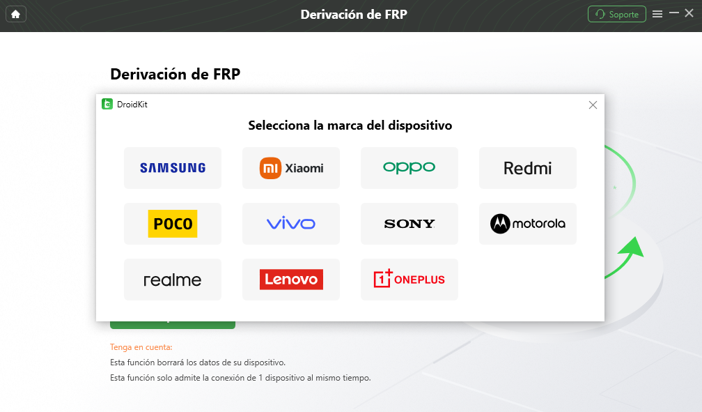 Seleccionar Motorola antes de iniciar la Derivación de FRP con DroidKit