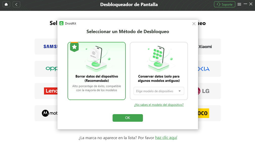 Opciones de desbloqueo de pantalla con y sin borrado de datos en DroidKit