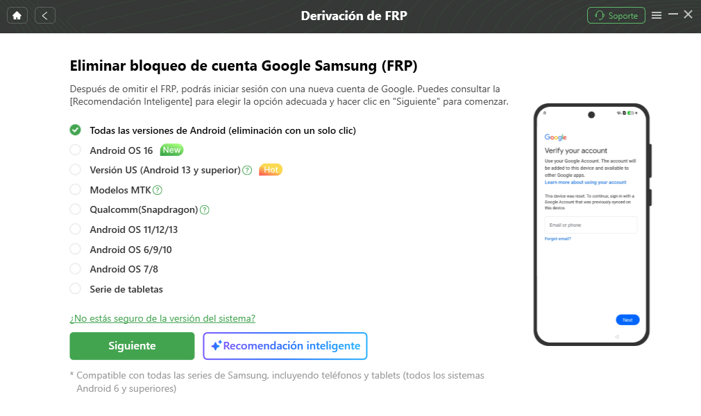 Seleccionar la versión del dispositivo Samsung antes de iniciar FRP Bypass con DroidKit