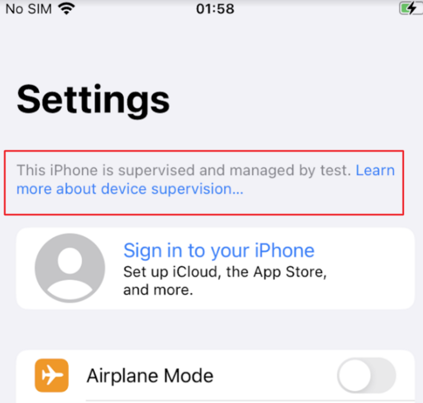Aviso de iPhone supervisado y administrado por una organización