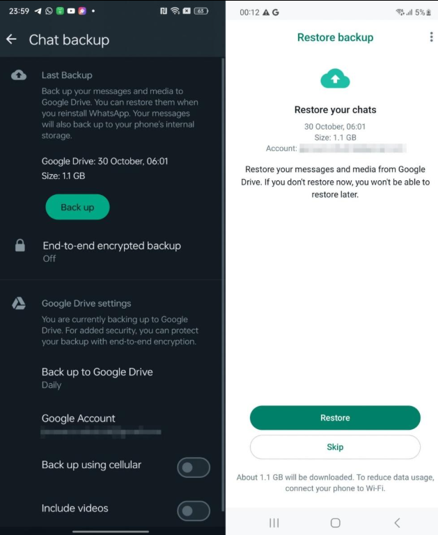 Copia de seguridad detectada y opción Restaurar en WhatsApp para Android