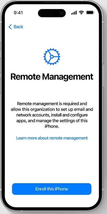 Pantalla de Gestión Remota MDM durante la configuración de un iPhone
