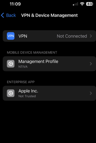 Perfil MDM instalado en VPN y gestión de dispositivos de un iPhone