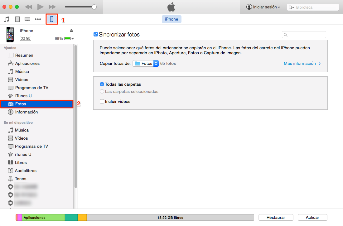 Pasar fotos a iPhone con iTunes