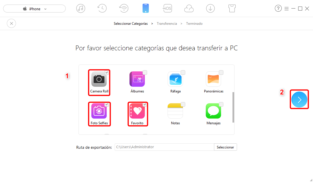 Pasar fotos de iPhone a PC Windows 7/8/10 - paso 2
