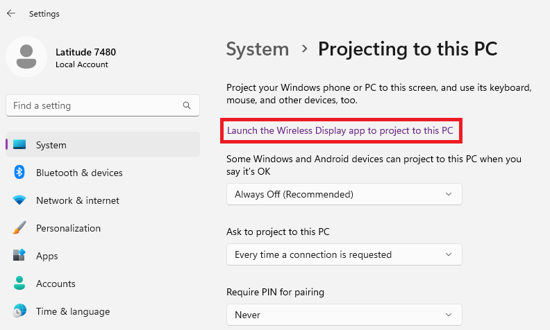Inicie la aplicación Wireless Display para proyectar en esta PC