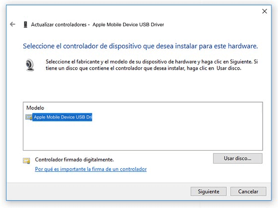 Actualizar el controlador de dispositivo de Apple