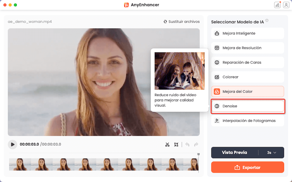 Selecciona el Modelo de IA llamado Denoise, que te permite quitar ruido de fondo de un video