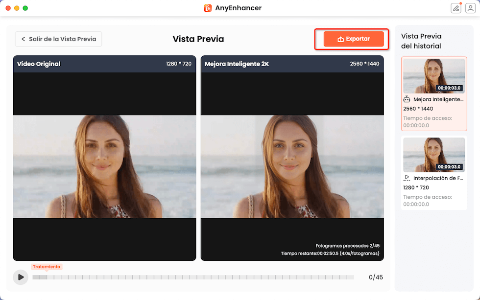 Previsualiza los resultados y expórtalos - Cómo mejorar calidad de video online