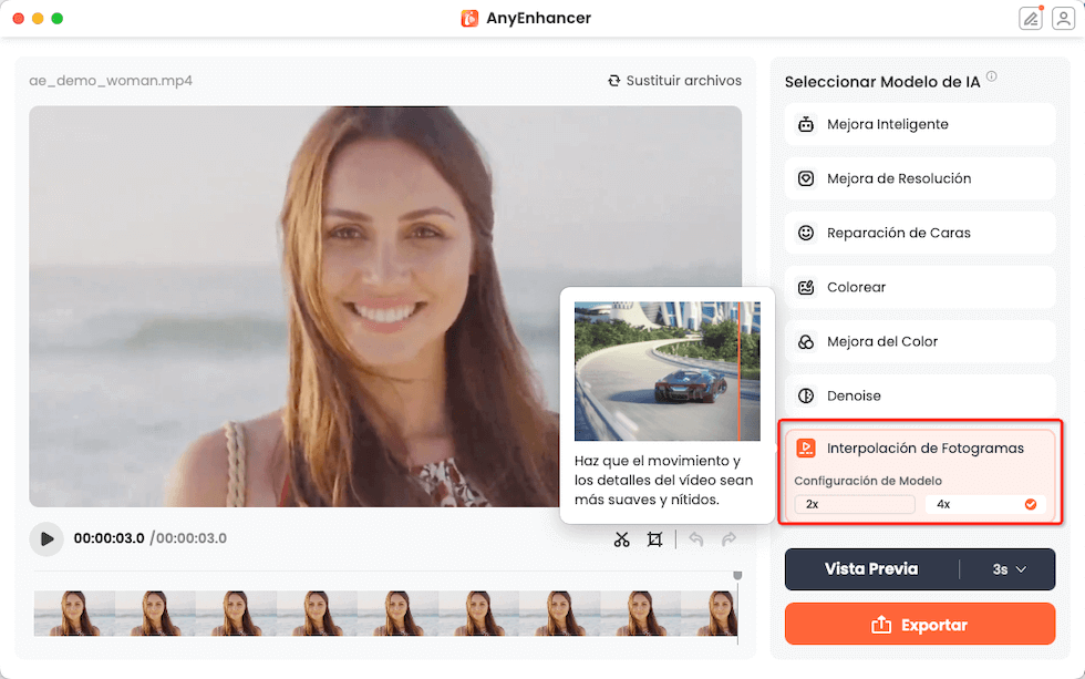 Elige el modelo de IA de Interpretación de Fotograma para aumentar los fps de tu video