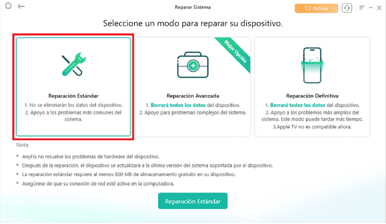 Selecciona el tipo de reparación que quieres para solucionar la pantalla azul del mi iPhone
