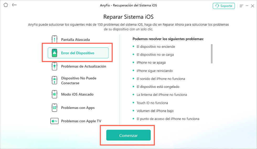 Seleccione Error del Dispositivo para empezar a solucionar el problema