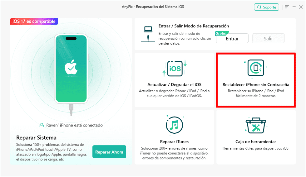 Seleccione y haga clic en Restablecer iPhone sin Contraseña